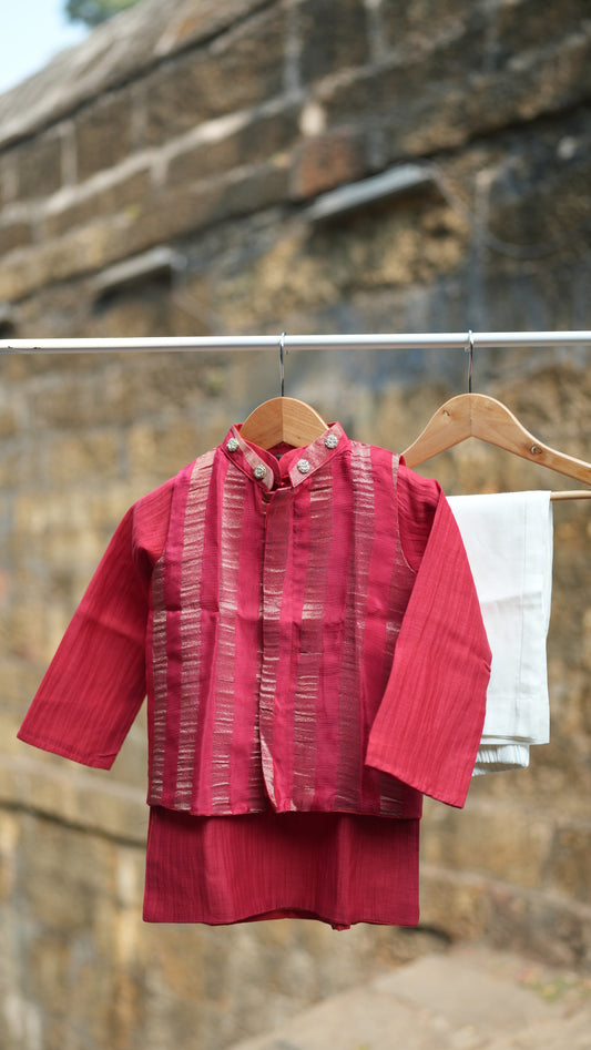 Red stripes kids nehru jacket set
