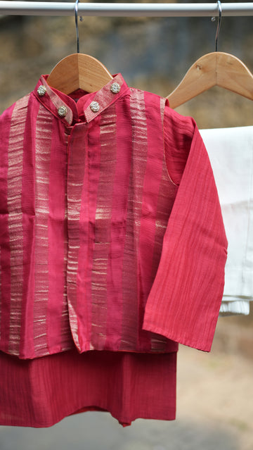 Red stripes kids nehru jacket set