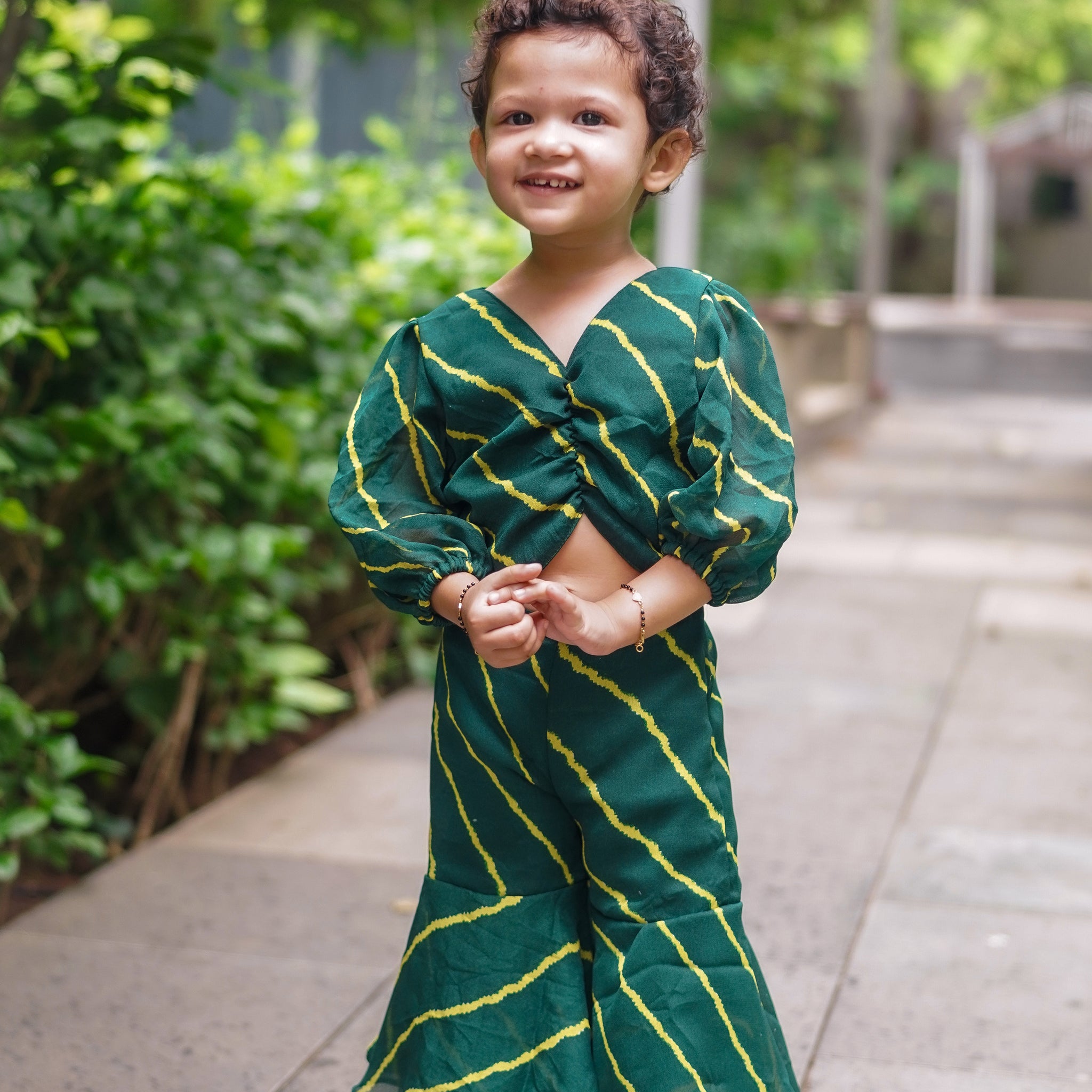 Green Leheriya Printed Top And Sharara Set