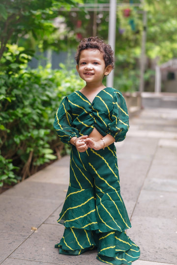 Green Leheriya Printed Top And Sharara Set