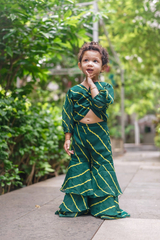 Green Leheriya Printed Top And Sharara Set