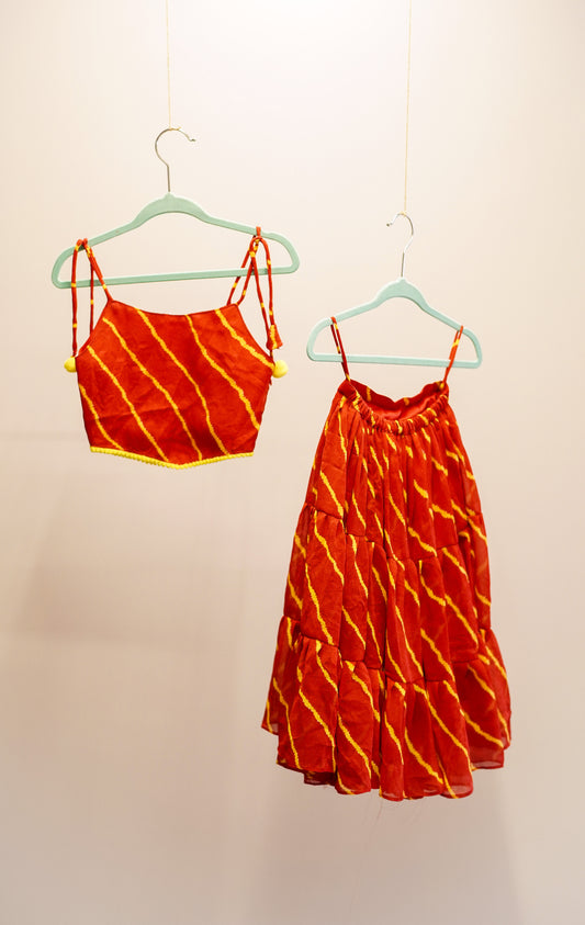 Red Leheriya Printed Top And Three Tiered Skirt
