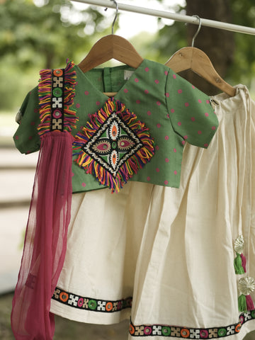 Green & off white chaniya choli with sleeves & sash styles dupatta