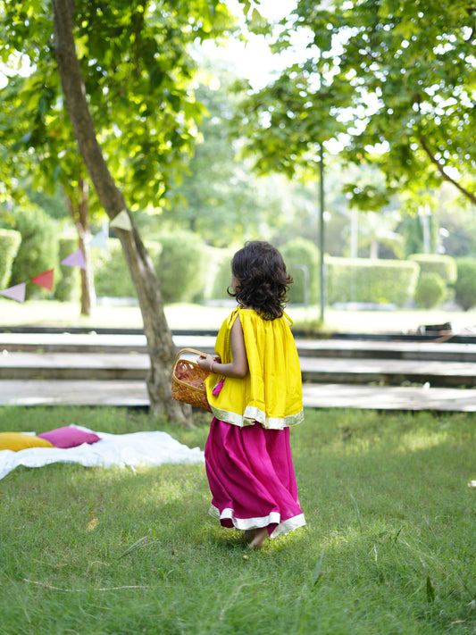 Munsell yellow tie up top & pink flared palazzo pants