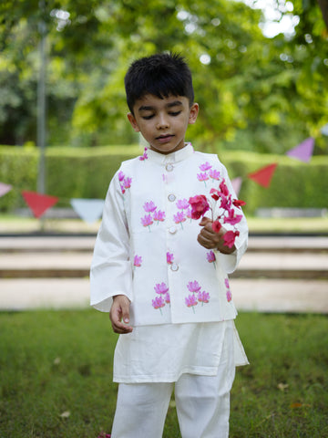 Ivory lotus nehru jacket kurta set