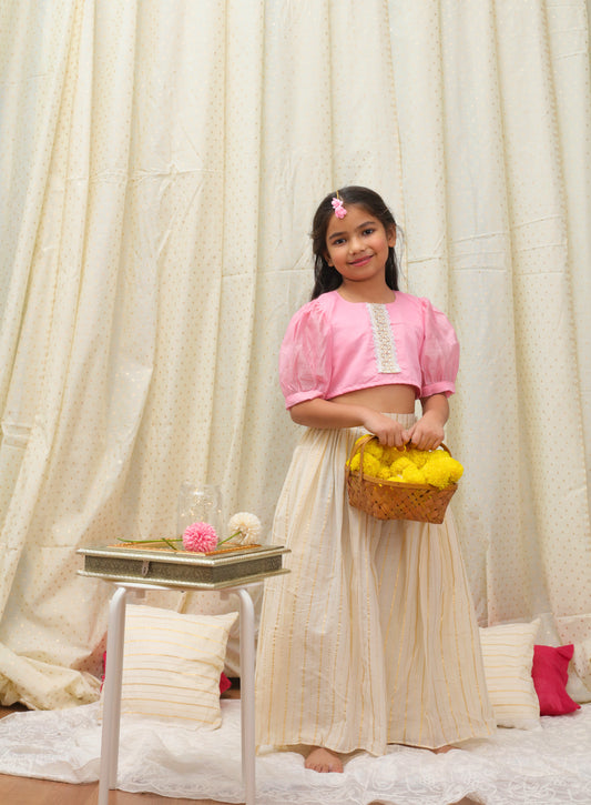 Pink chanderi blouse top and Ivory skirt
