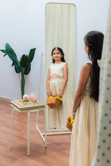 Ivory chanderi butti top and skirt set