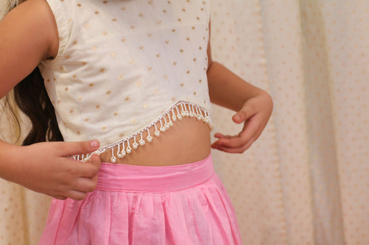 Ivory chanderi butti top and skirt set