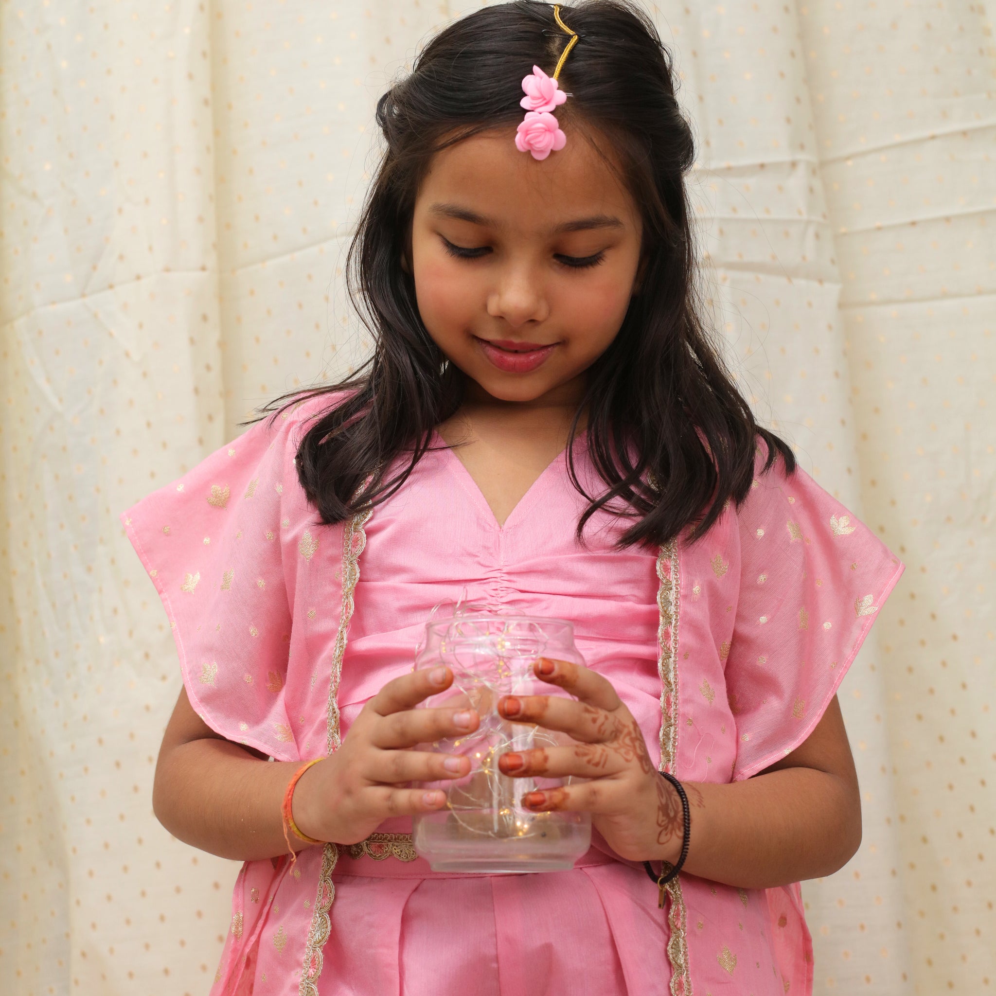 Pink chanderi jacket, top and pant set