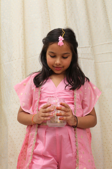 Pink chanderi jacket, top and pant set