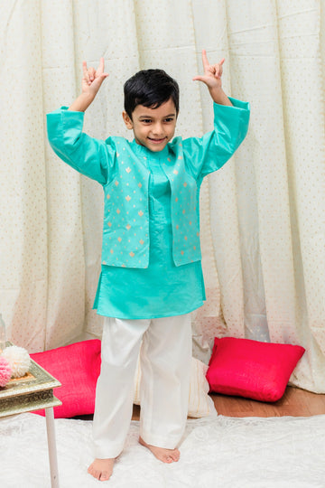 Rama blue chanderi jacket style kurta set