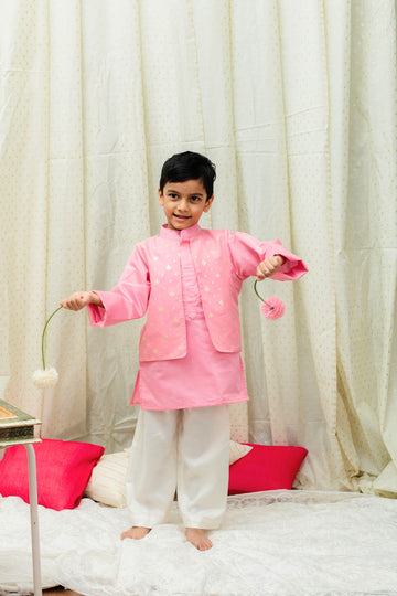 Pink chanderi jacket style kurta set