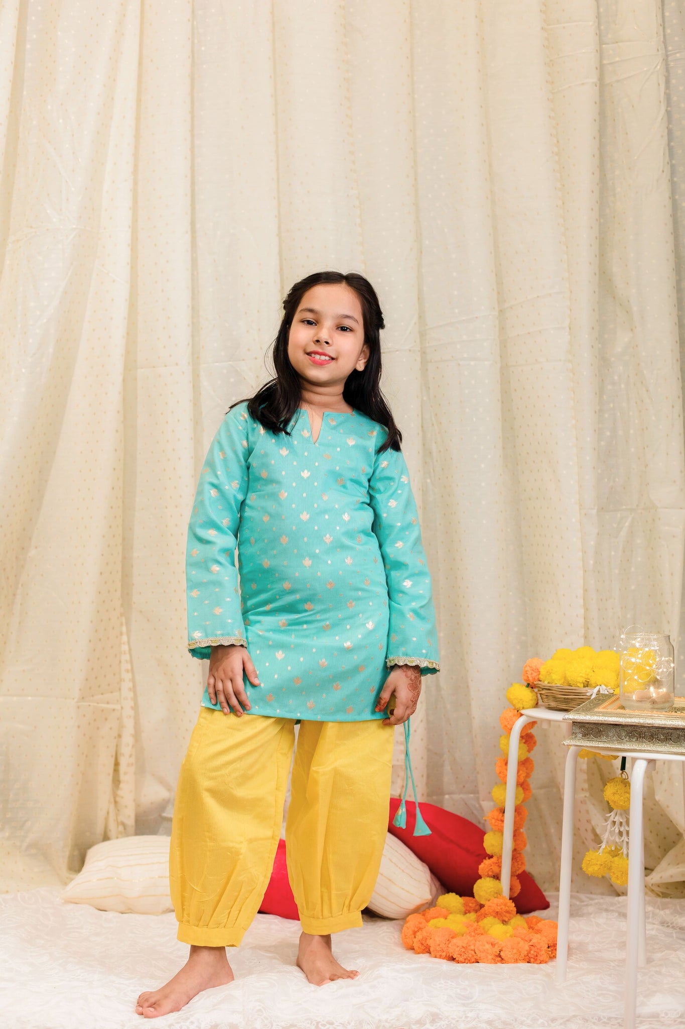 Rama blue chanderi kurta and yellow pant set