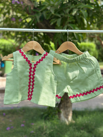 Mint green cotton doriya shorts set