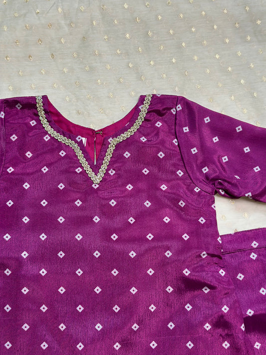 Purple bandhani short kurti set