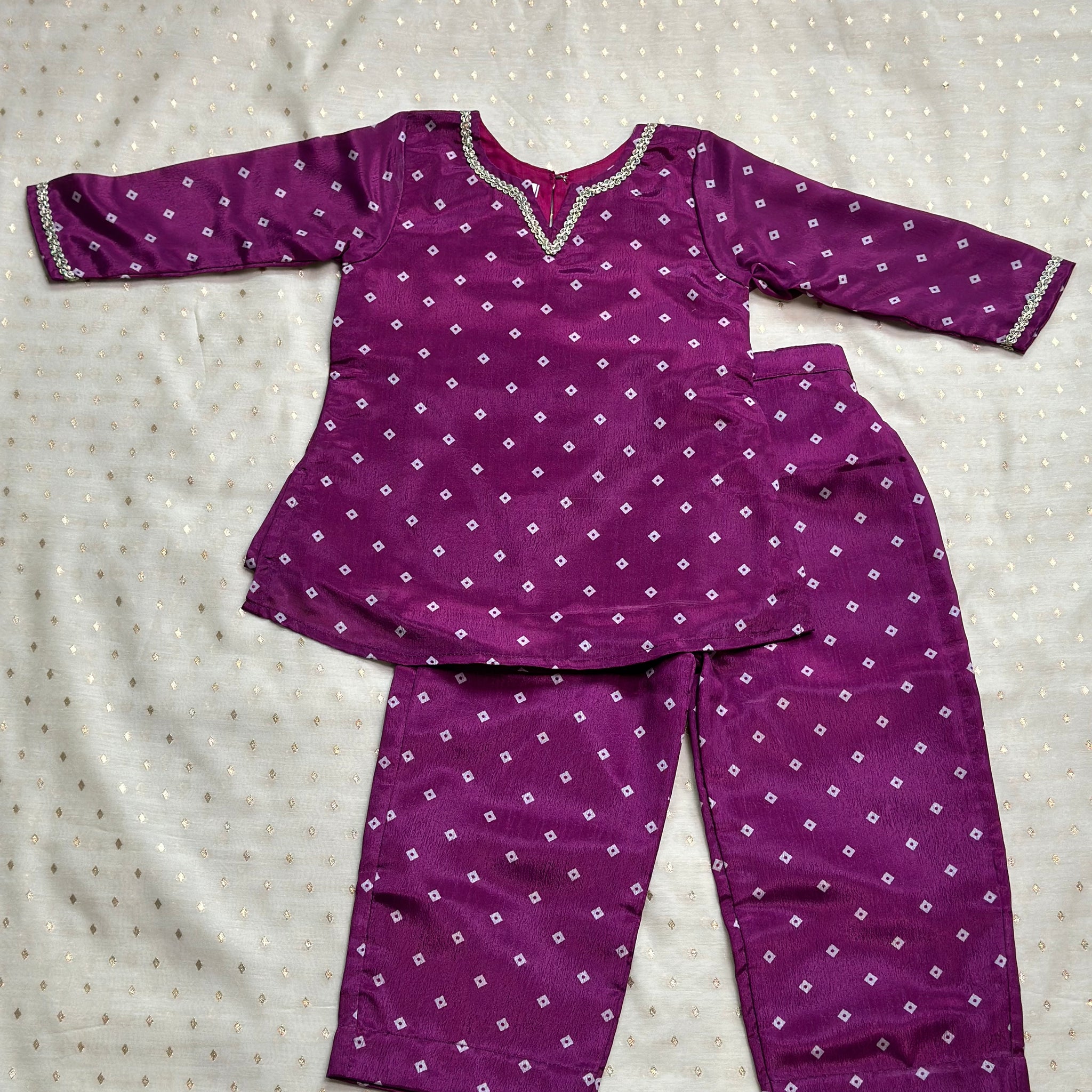 Purple bandhani short kurti set