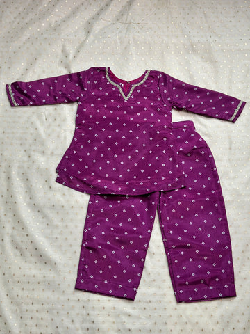 Purple bandhani short kurti set